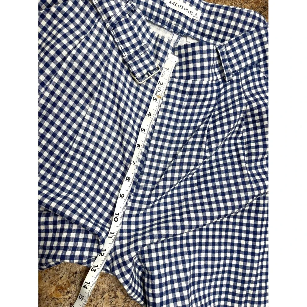 New Avec Les Filles Gingham‎ Linen Blend Belted Shorts Navy Blue White Size 8